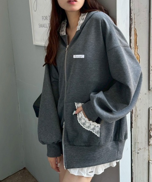 OLIVE des パーカー レース付きZIPパーカー レディース