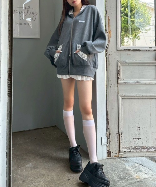 OLIVE des パーカー レース付きZIPパーカー レディース