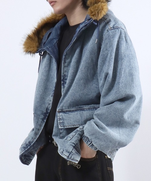 ブルゾン アウター フードファー デニムジップアップパーカーブルゾン