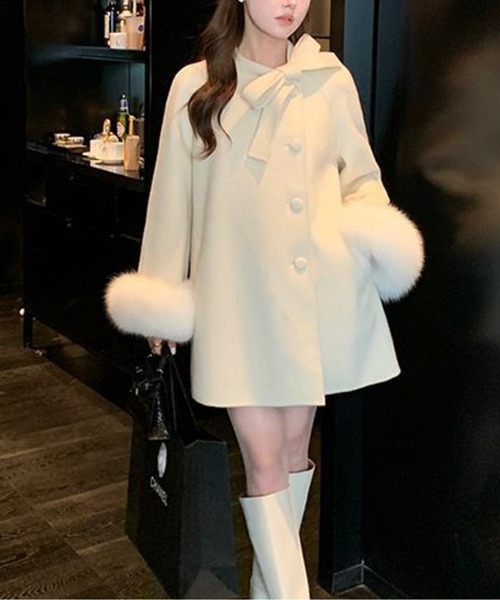 LUCPY コート アウター エコファーカフスリボンタイコート レディース