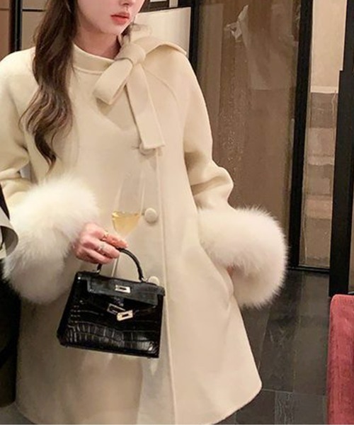 LUCPY コート アウター エコファーカフスリボンタイコート レディース