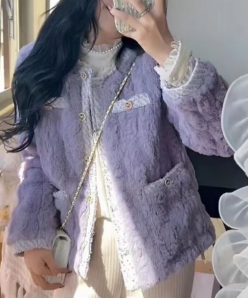 Sibra（シブラ） ブルゾン アウター ラベンダーファー×ツイードボタン