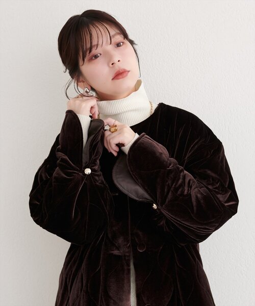 natural couture ノーカラーコート コート キャンディスリーブベロア