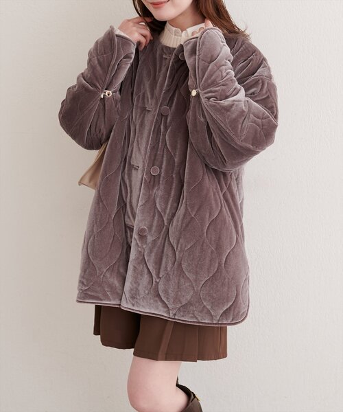 natural couture ノーカラーコート コート キャンディスリーブベロア