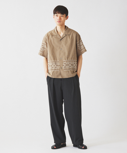 ワイドパンツ スラックス TRストライプ オーバーパンツ メンズの画像