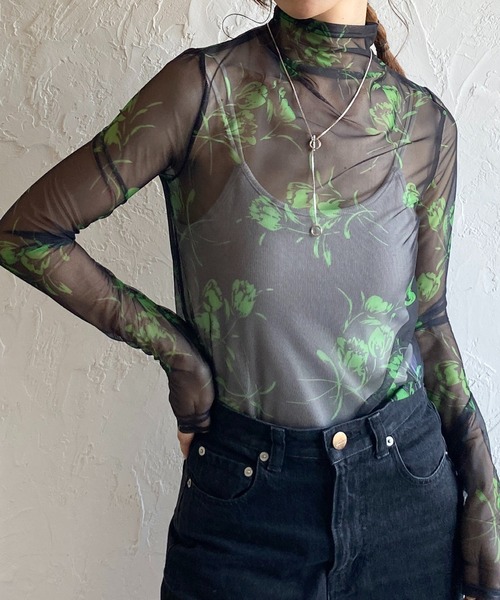 She's Closet tシャツ 花柄ニュアンス長袖メッシュパワーネット