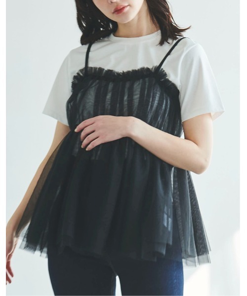 平成00's リボンチュールキャミ　アナスイフラワーT 2点セット　ダークコア 31 Sons de mode tシャツ Tシャツ×チュールキャミセット