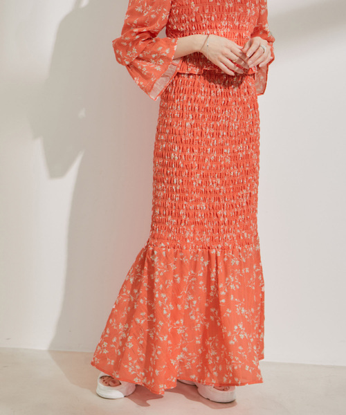 VIS スカート 「セットアップ対応」花柄シャーリングロング