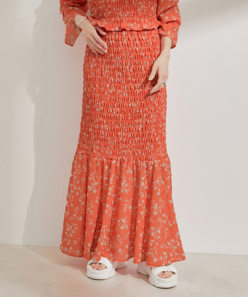 VIS スカート 「セットアップ対応」花柄シャーリングロング