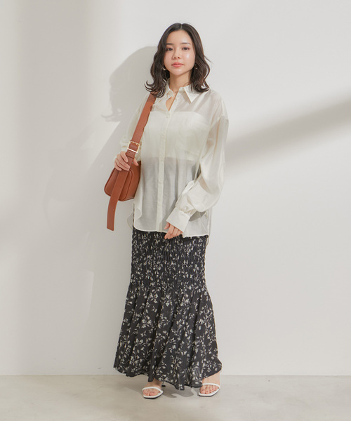 VIS スカート 「セットアップ対応」花柄シャーリングロング