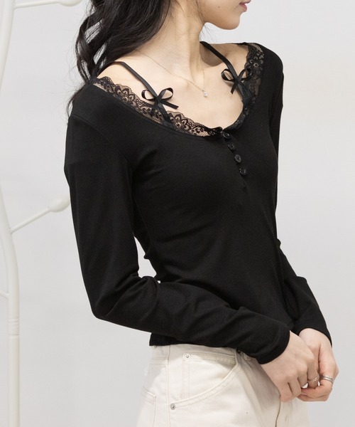 pumpkin port tシャツ 肩紐リボン ヘンリーネック 長袖Tシャツ