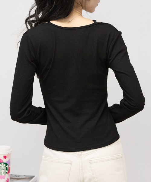 リボン付きブラック長袖トップス pumpkin port（パンプキンポート） tシャツ 肩紐リボン ヘンリーネック