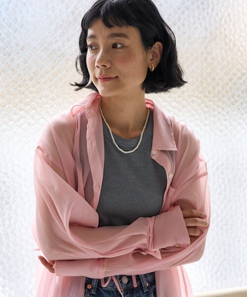 ブラウス シャツ 光沢シアーワッシャー バンドカラーシャツ レディース LOSUCA ブラウス シャツ 光沢シアーワッシャー バンドカラー