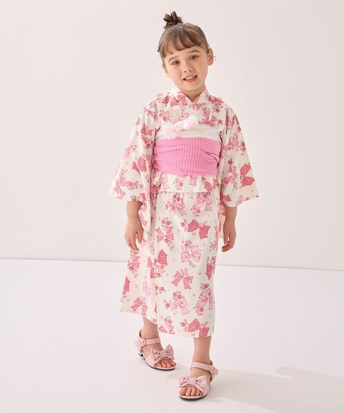 ピンク×いちご　100〜110ロング丈浴衣セット any FAM 浴衣 3WAY ロング丈 セット キッズ 子供 女の子