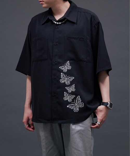 Ellno Loset（エルノロゼット） シャツ 半袖 バタフライラメ刺繍シャツ