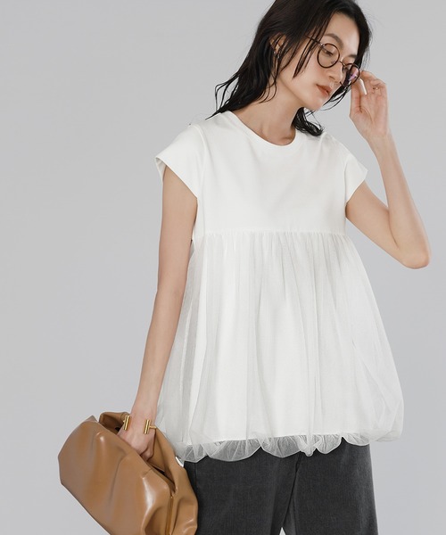 tシャツ チュールドッキングバルーントップス「洗える」 レディース