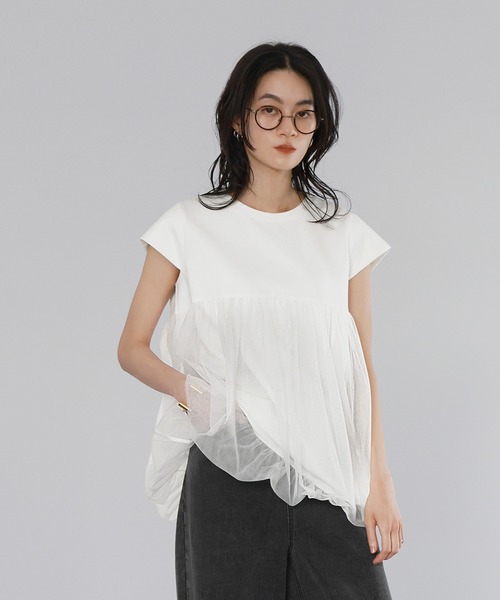 tシャツ FRENCH SLEEVE SHEER TEE レディース She's Closet tシャツ 異素材ドッキングフレンチスリーブ