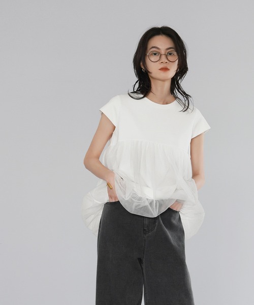 tシャツ チュールドッキングフレアトップス「洗える」 レディース ELFRANK tシャツ チュールドッキングフレアトップス「洗える