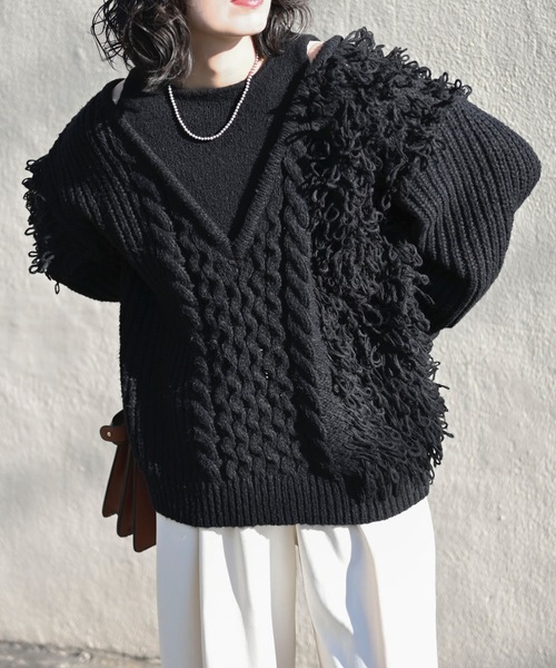 ＆HALF ニット セーター フリンジレイヤードニット レディース