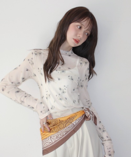 Eclat one tシャツ 「Eclat one」水彩フラワー シアー ハイネック