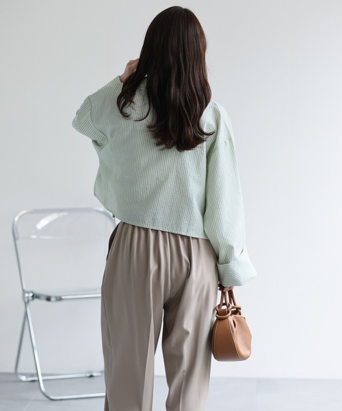 ap retro ブラウス シャツ クロップド丈ダブルZIPストライプサッカー