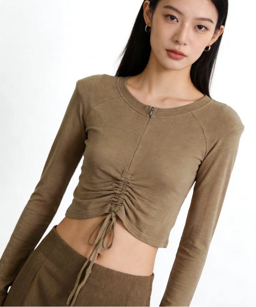 AsheKsha tシャツ 2way ハーフジップギャザートップス レディース