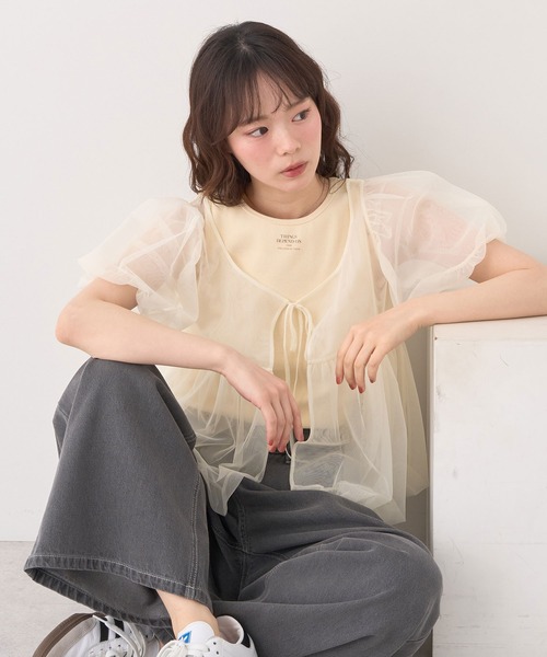 tシャツ SET2点チュールバルーンブラウス＋ロゴタンク レディース