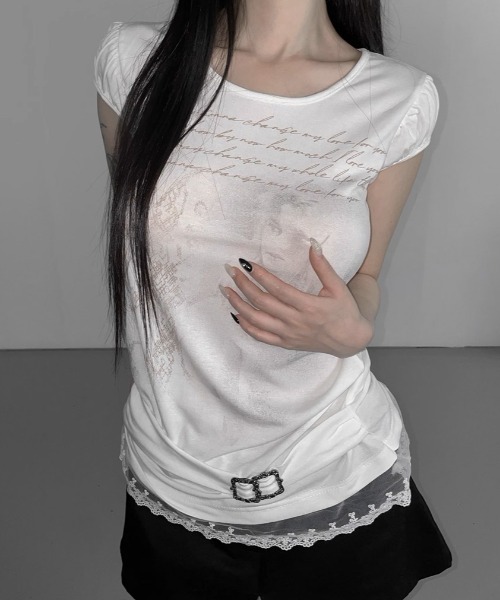 tシャツ A'GEM/9 × .kom 「.KOM/ドットケーオーエム」 グラフィックレースドッキングTシャツ レディース