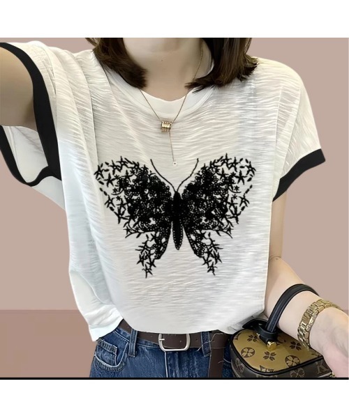 tシャツ スラブ天竺　バタフライプリントTシャツ レディース