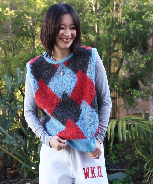 ベスト ジレ ARGYLE VEST アーガイルモヘアニットベスト レディース