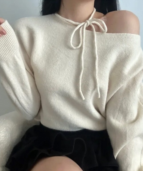 ニット セーター 紐付き ニットプルオーバー ボートネック・ワン