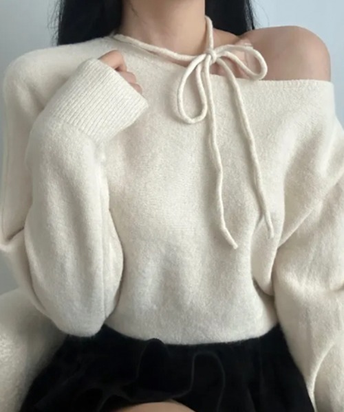 ニット セーター 紐付き ニットプルオーバー ボートネック・ワン