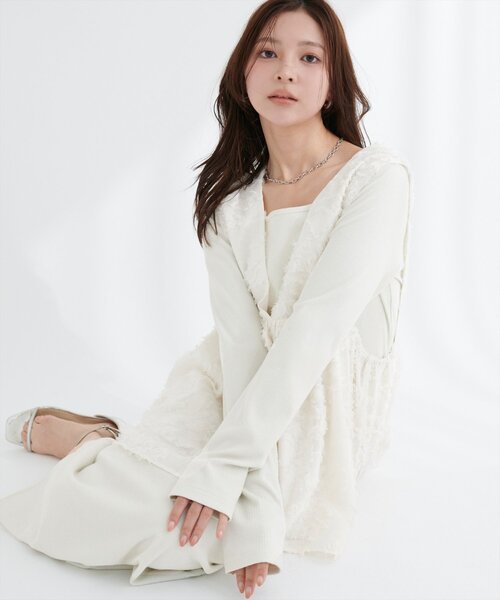 natural couture ワンピース お花ジャガードベスト×ラメワンピース