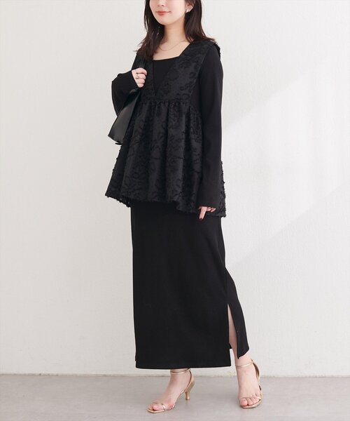 HIAND フラワージャガードベスト　黒 natural couture ワンピース お花ジャガードベスト×ラメワンピース