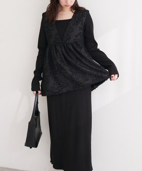 natural couture ワンピース お花ジャガードベスト×ラメワンピース