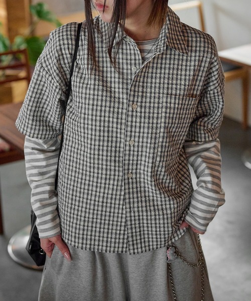 アトリエgg チェックシャツ　21 シャツ Cropped Seersucker check Shirt / クロップドシアサッカー