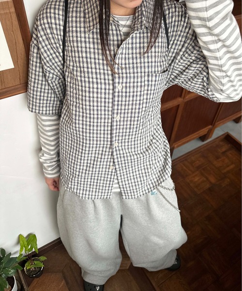 シャツ 半袖 Cropped Seersucker check Shirt / クロップドシア