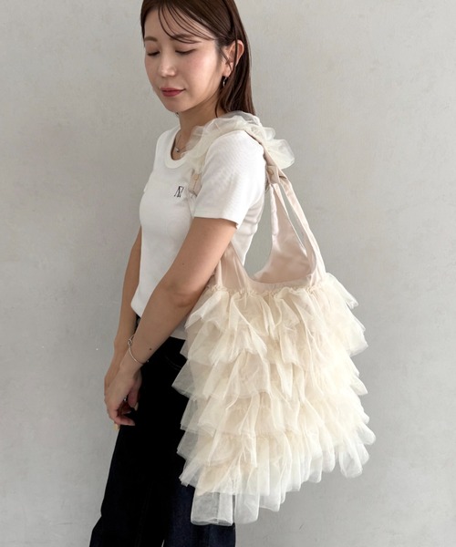 さ*ん様 ウォールナッツ×刺繍チュール フリルトートバッグ☆.*˚ トートバッグ 「A4収納可」チュールフリルトートバッグ レディース