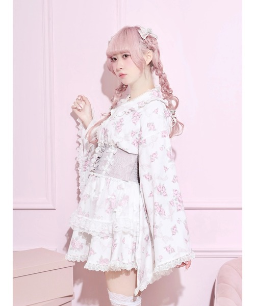 浴衣ドレス 白地 ピンク花柄 レースフリル 和ロリ ラメ入り NOEMIE（ノエミー） 浴衣 ローズブーケチュールフレア浴衣ドレス