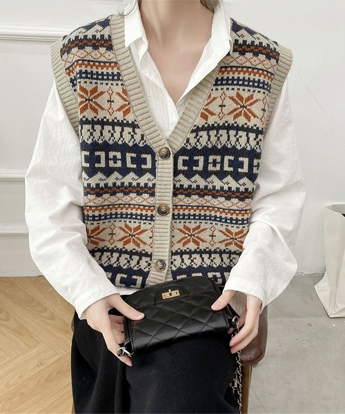 me+em select（ミームセレクト） ベスト ノルディック柄ジャガード
