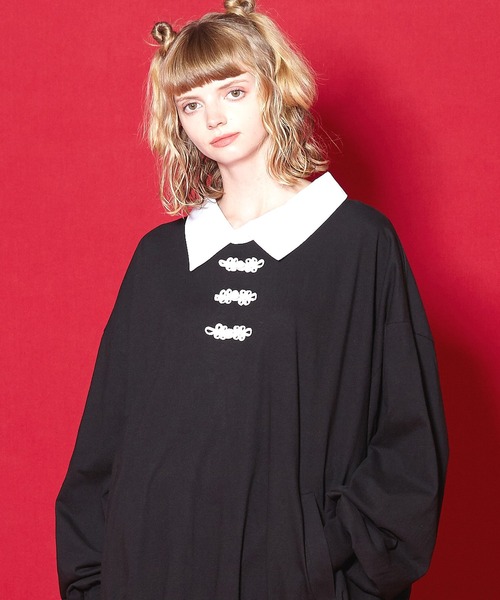 tシャツ チャイナボタンシャツ襟カットソー -オーバーサイズ- レディース メンズ