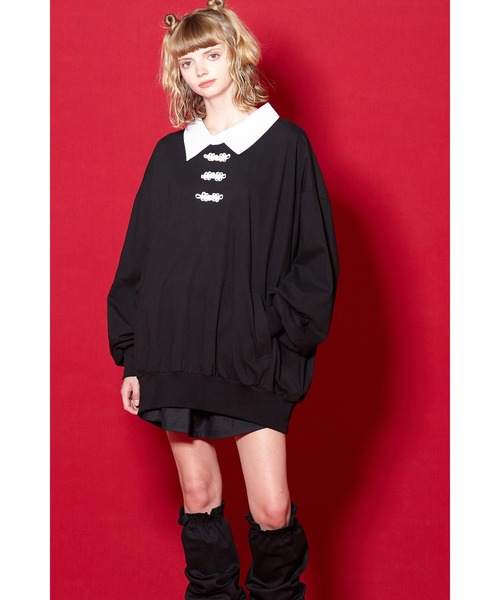 tシャツ チャイナボタンシャツ襟カットソー -オーバーサイズ- レディース メンズ