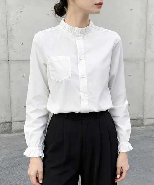 フリルネック ホワイトシャツ ブラウス シャツ フリルネックシャツ レディース : ZOZOTOWN Yahoo!店