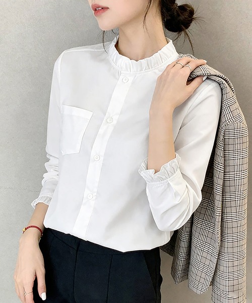 フリルネック ホワイトシャツ ブラウス シャツ フリルネックシャツ レディース : ZOZOTOWN Yahoo!店