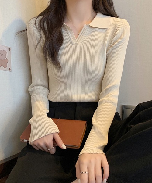 ニット セーター 「春の韓国コーデに」Vネックカラーニット