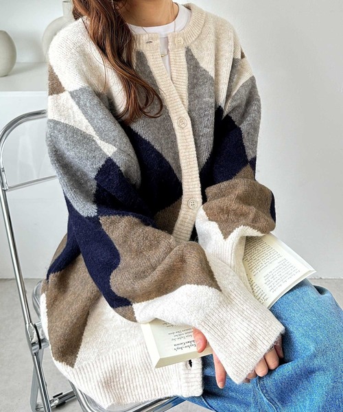 GeeRA（ジーラ） カーディガン アーガイルシャギーニットカーディガン