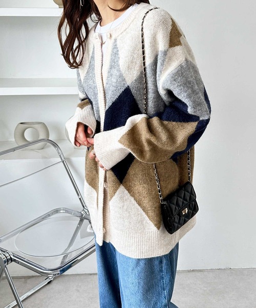 GeeRA（ジーラ） カーディガン アーガイルシャギーニットカーディガン