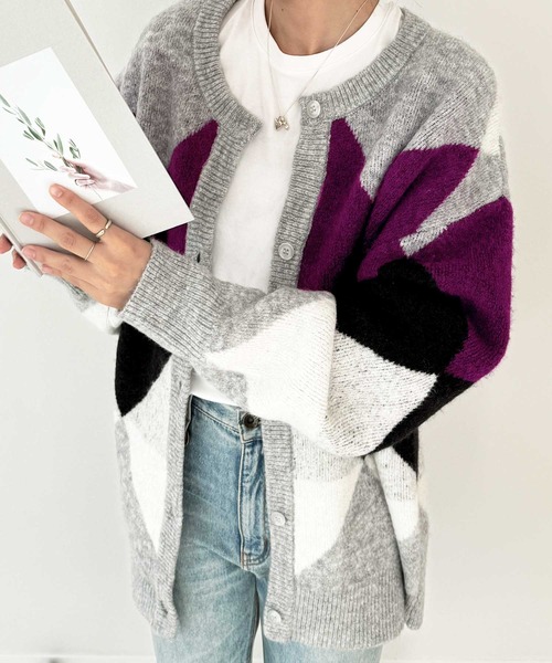 GeeRA（ジーラ） カーディガン アーガイルシャギーニットカーディガン