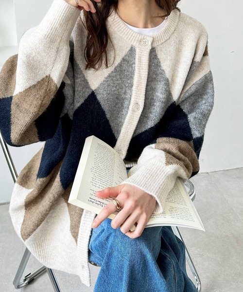 GeeRA（ジーラ） カーディガン アーガイルシャギーニットカーディガン