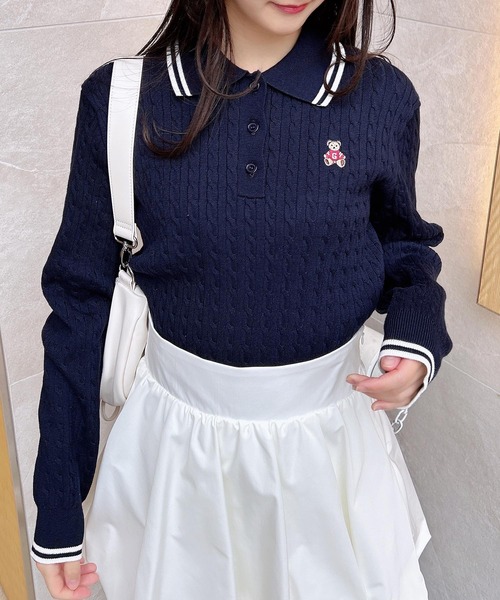 GANNI 水色 クマ刺繍 ニットセーター　M セール】【着丈が選べる】くま刺繍ケーブルニット（ニット